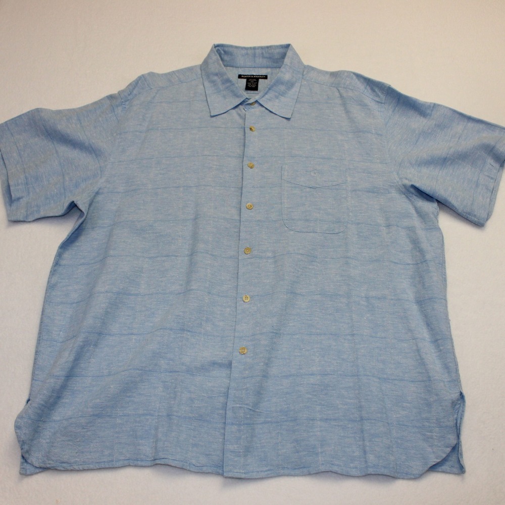 Bowen & Wright Mens XXL Blue Linen Blend Short Sleeve Button Up Grid Shirt